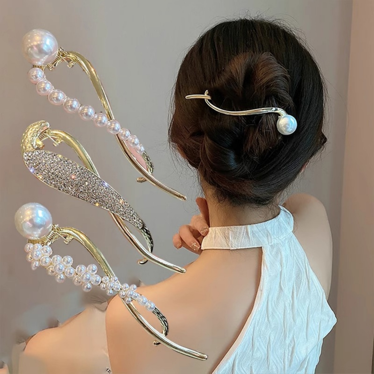 The Korean Lifestyle - Elegante Glitzer-Perlen-Haarspange für Frauen, trendige gedrehte